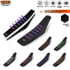 Various colored rubberized hexagon pattern seat covers for motorcycle seats shown from different angles