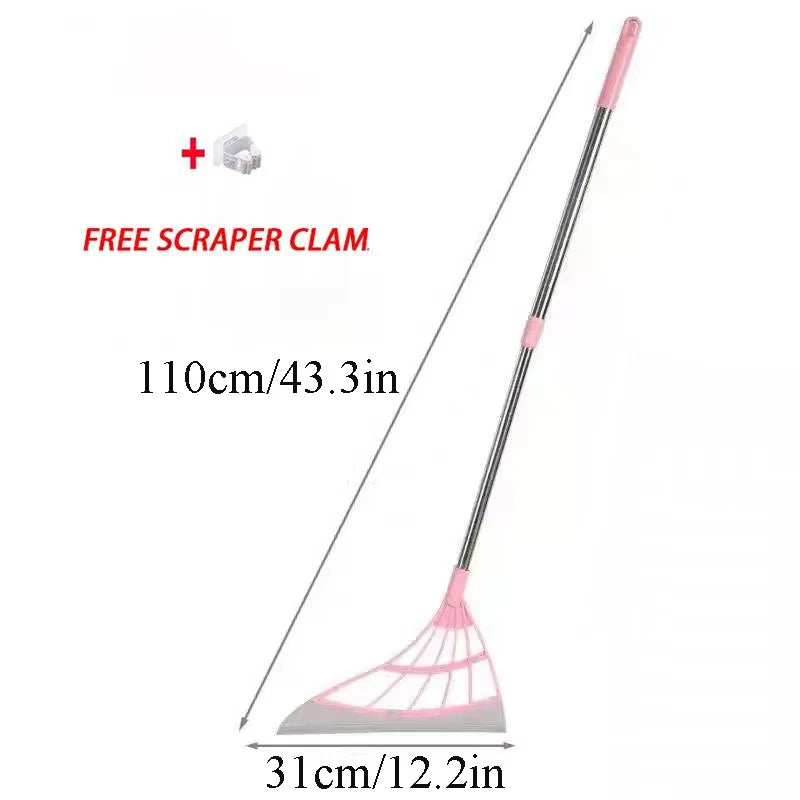 A silicone squeegee broom with a long adjustable handle and a wide, pink-edged head.