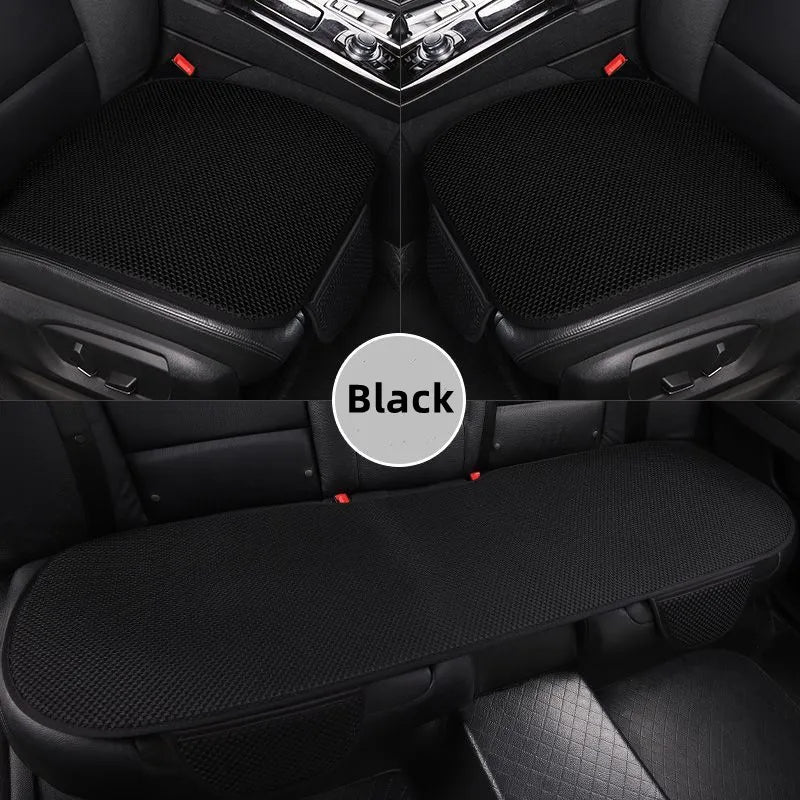 Black breathable ice silk car seat cushion shown from above and below.