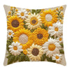 A cushion cover featuring a detailed floral design of yellow and white sunflowers on a beige fabric.