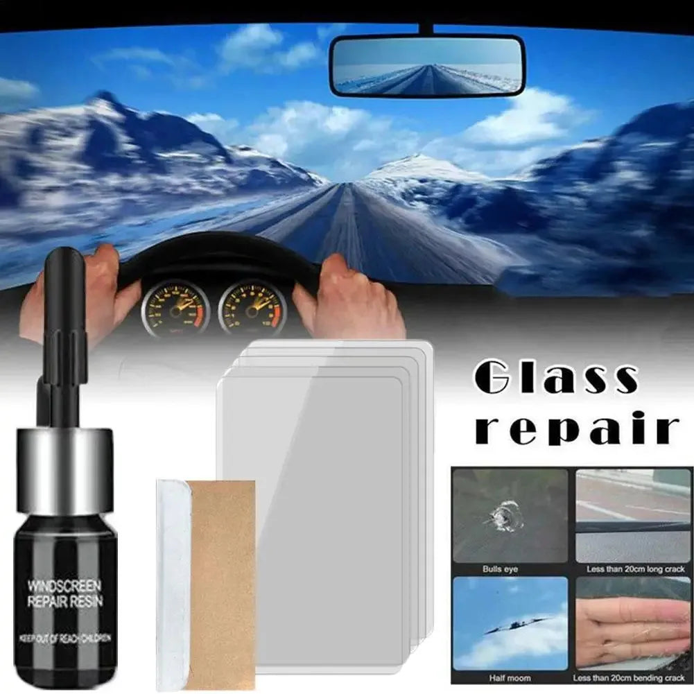 Glass repair kit showing a windshield with cracks and various repair materials like resin and tape.