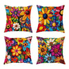 A set of five decorative pillowcases featuring vibrant floral prints with yellow, orange, pink, and purple flowers.