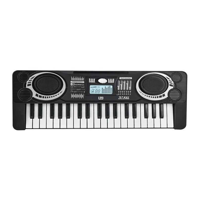 A black 37-key electronic piano with an LED display and microphone for kids.