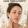 A woman shows signs of tired and puffy skin, with facial tension lines highlighted by a massage brush.
