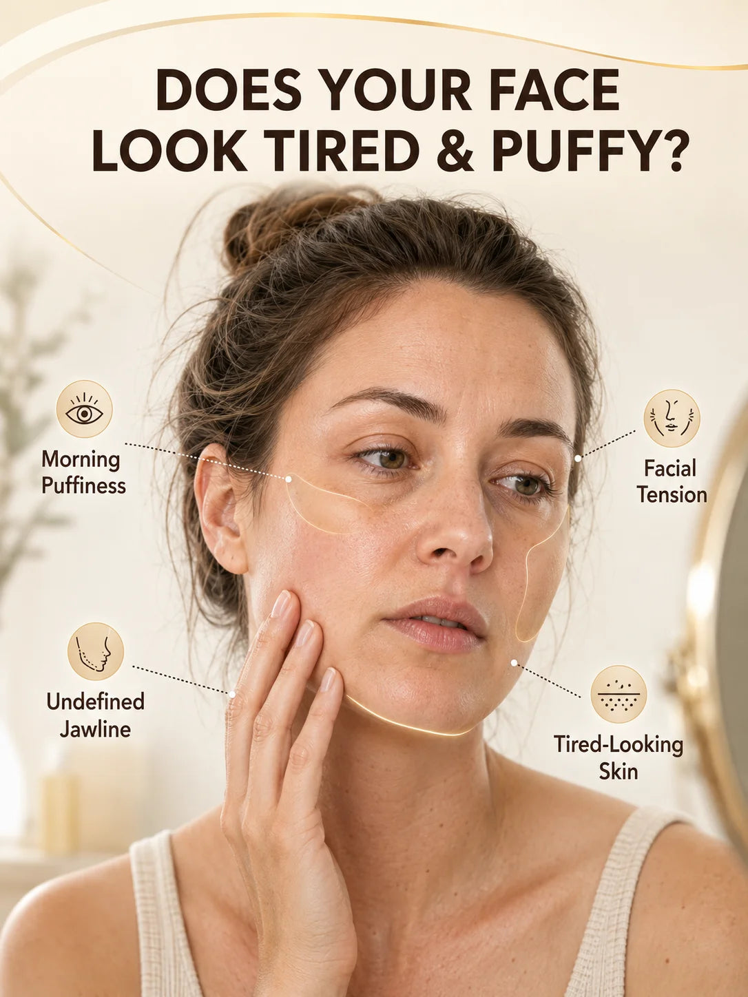 A woman shows signs of tired and puffy skin, with facial tension lines highlighted by a massage brush.