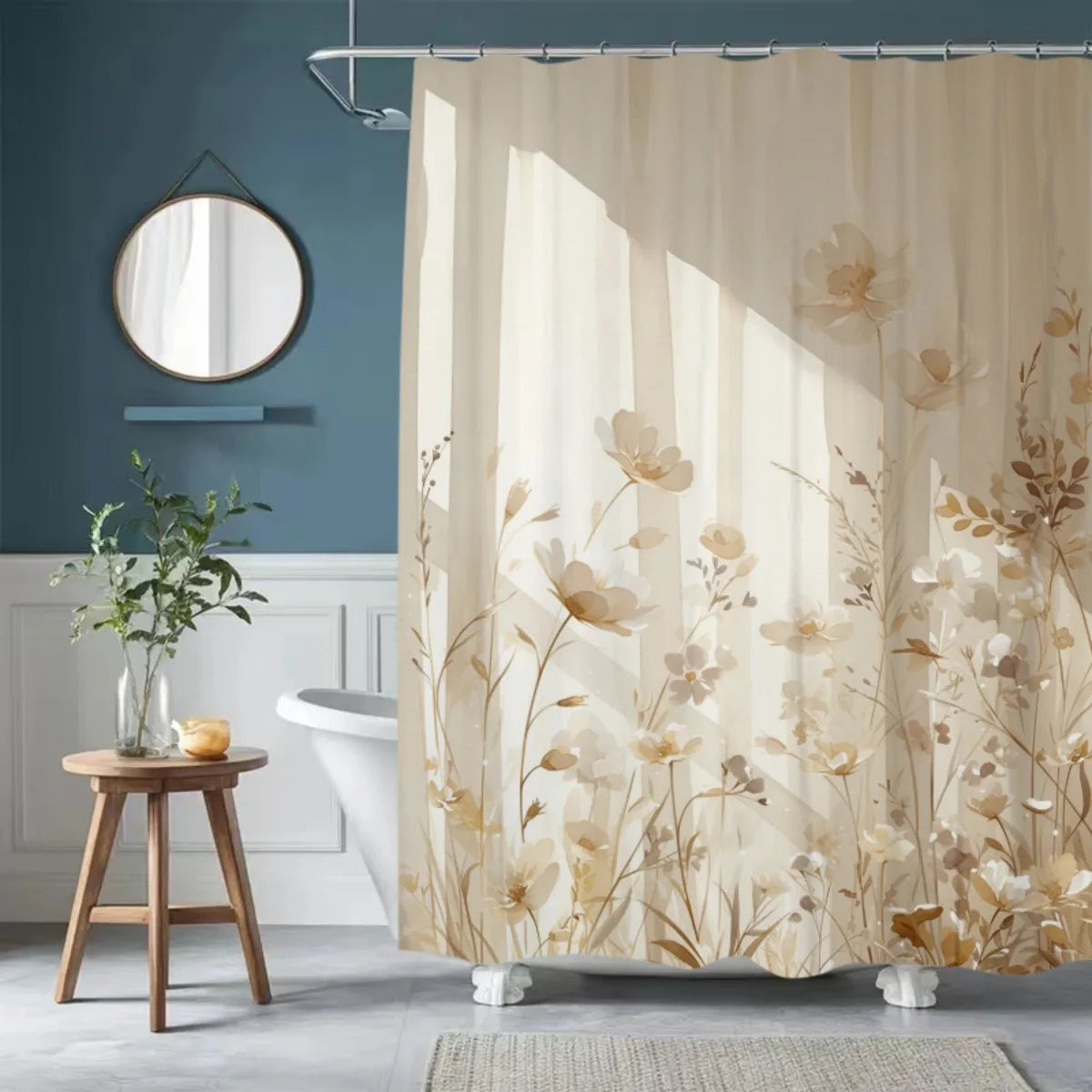 Beige floral waterproof shower curtain featuring a botanical design hanging in a bathroom.