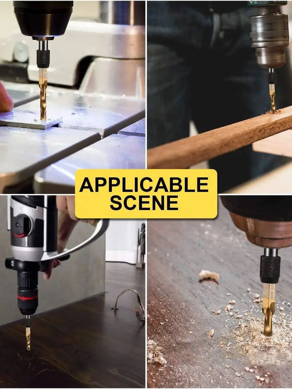 Close-up shots of a 13-piece titanium-coated drill, tap, and ream bit set being used for drilling and tapping tasks.