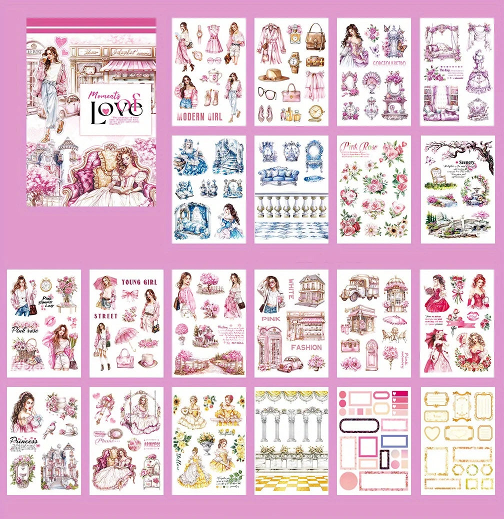 A collection of aesthetic stickers and illustrations featuring various themes like fairy tales, nature, fashion, and vintage 