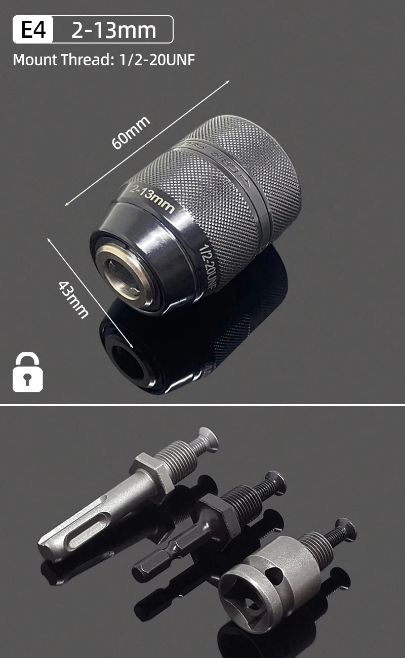 A drill chuck kit showing various adapters including a 2-13mm mount thread and hex Shanks.