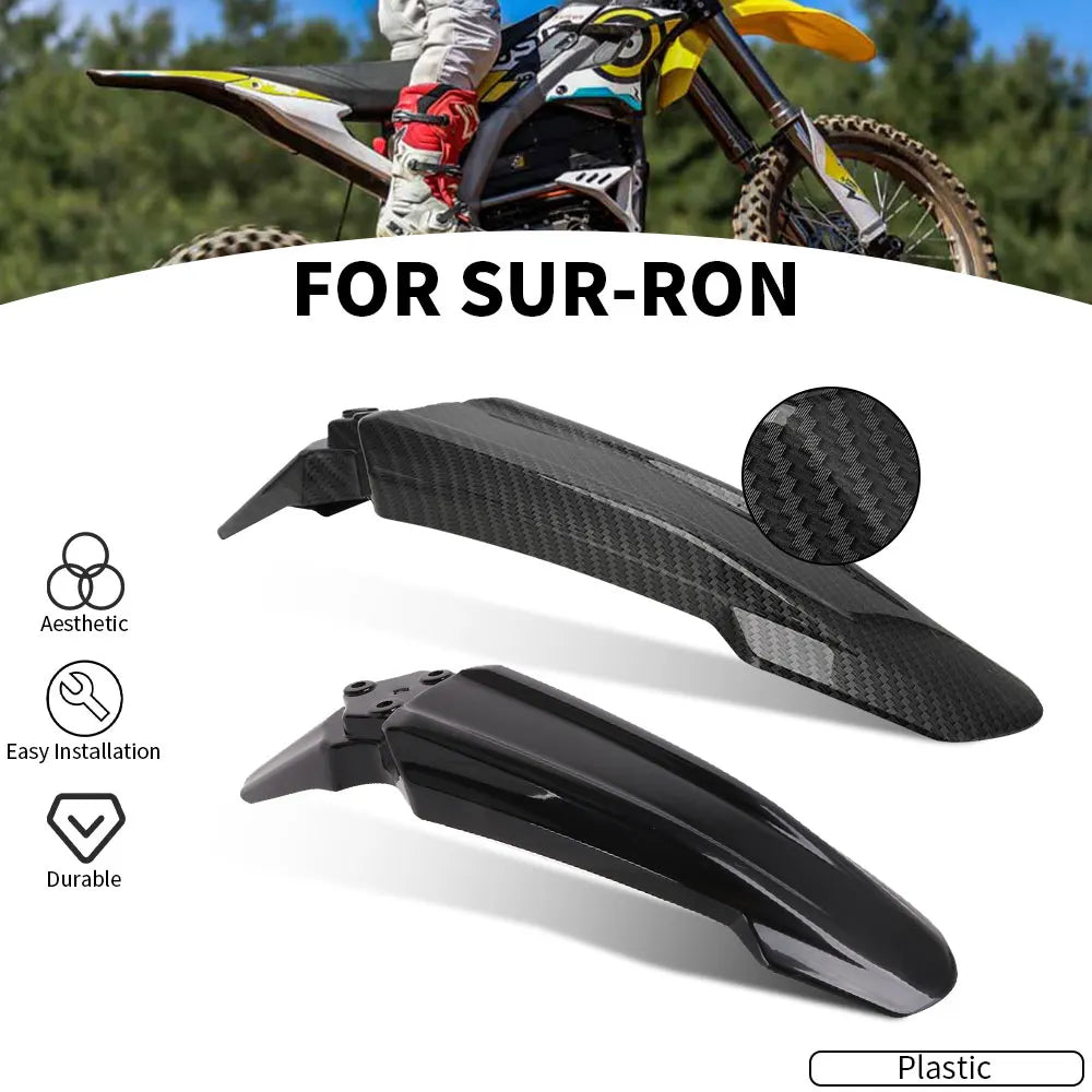 Black plastic universal front and rear fenders for Sur-Ron electric dirt bikes