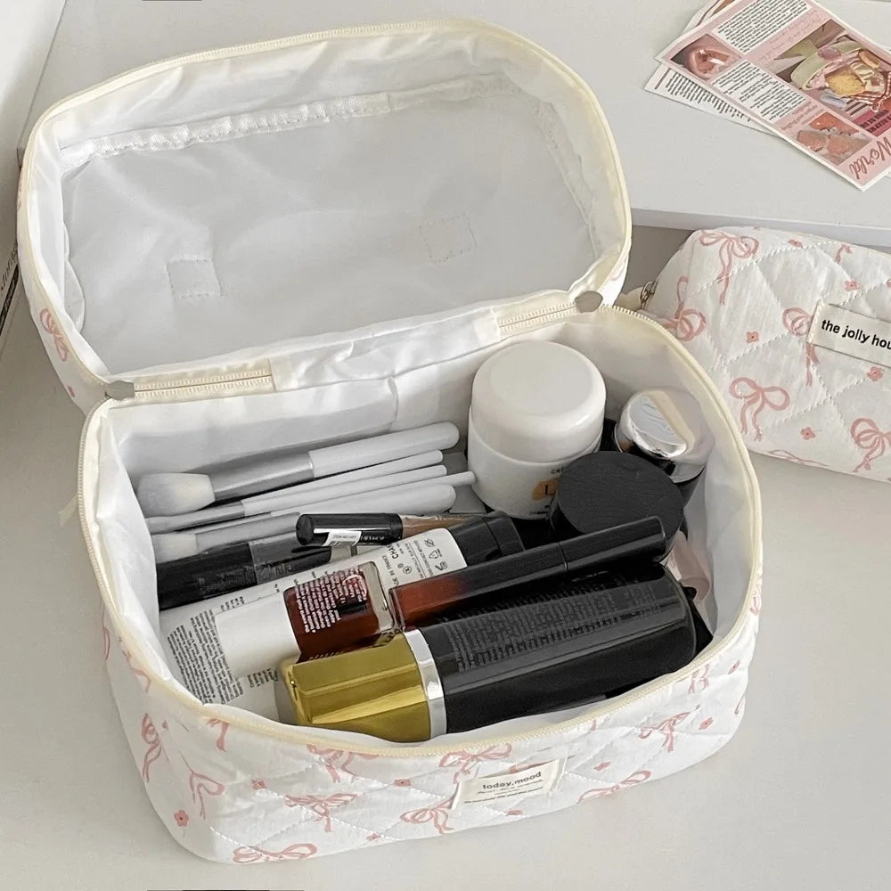 Pink Bow Plaid Quilted Cosmetic Bag with Multiple Compartments