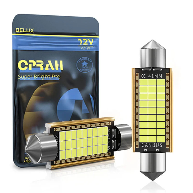 A package of 12V CPRAH Super Bright Pro LED bulbs and a single Canbus LED festoon bulb.