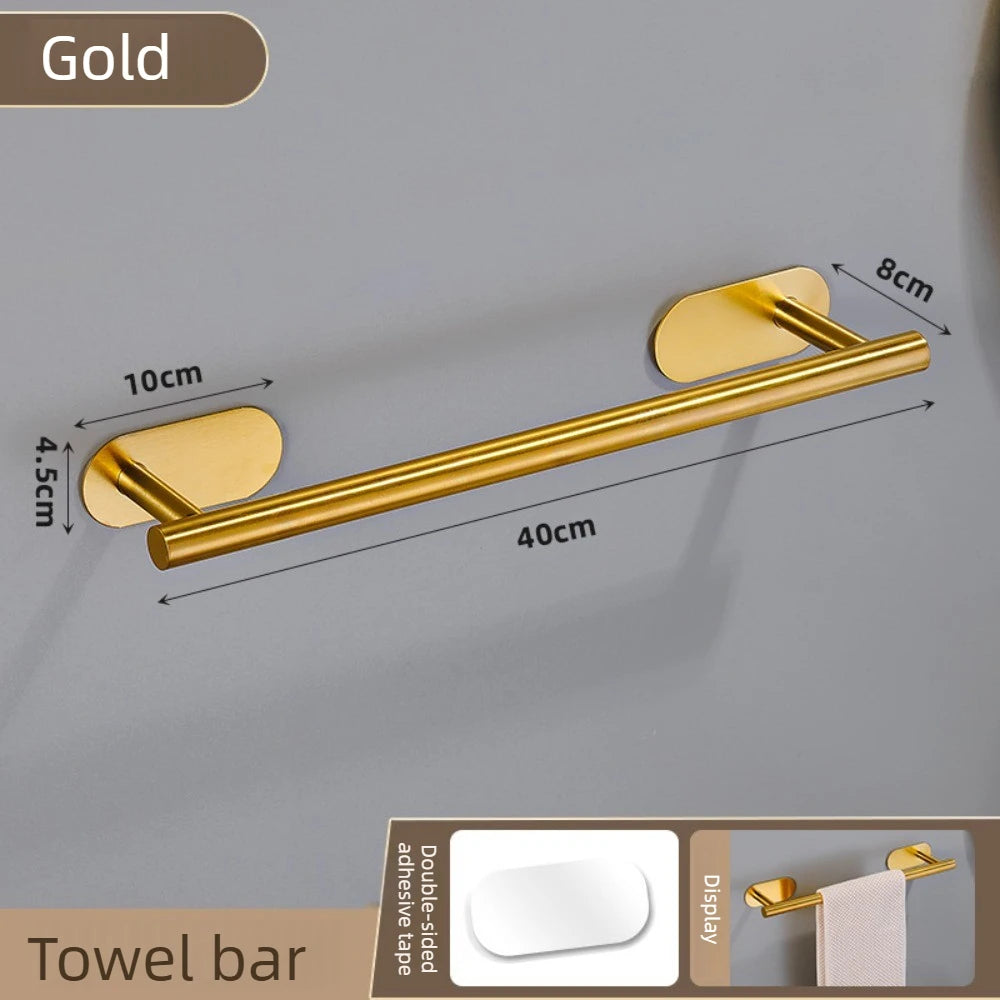 Gold double-sided adhesive stainless steel towel bar with a 40cm length and 10cm mounting section.