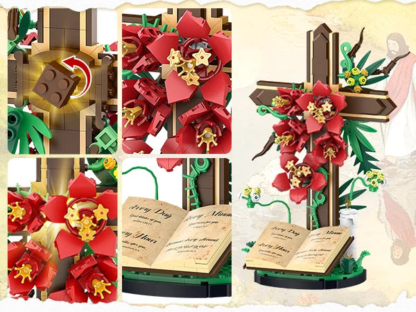 A building set featuring a floral cross design with red and green elements, including a wooden cross, flowers, and a Bible.