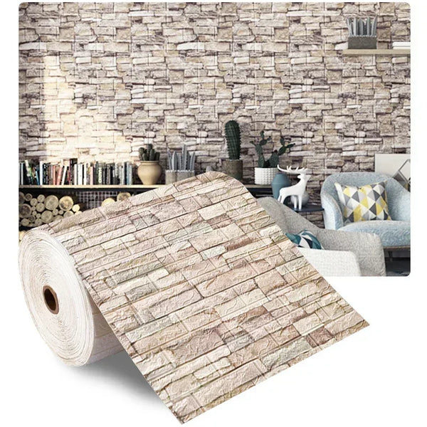 A roll of 3D foam brick wall decals featuring a textured, light brown and beige stone pattern.