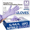 Box of powder free nitrile examination gloves in various sizes, including S/M/L, showing a purple glove hand.