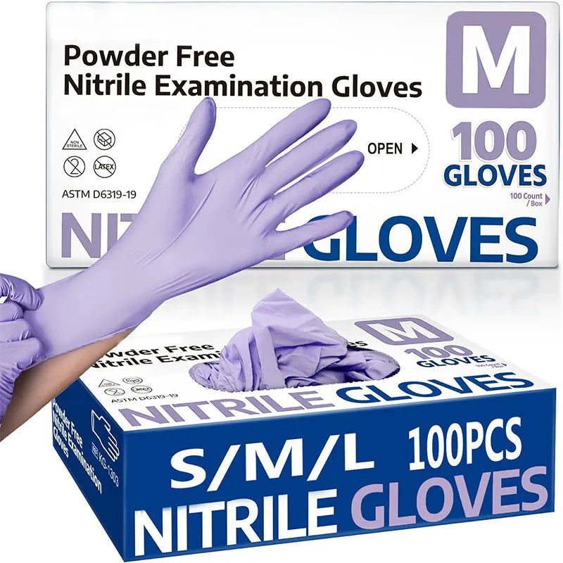 Box of powder free nitrile examination gloves in various sizes, including S/M/L, showing a purple glove hand.