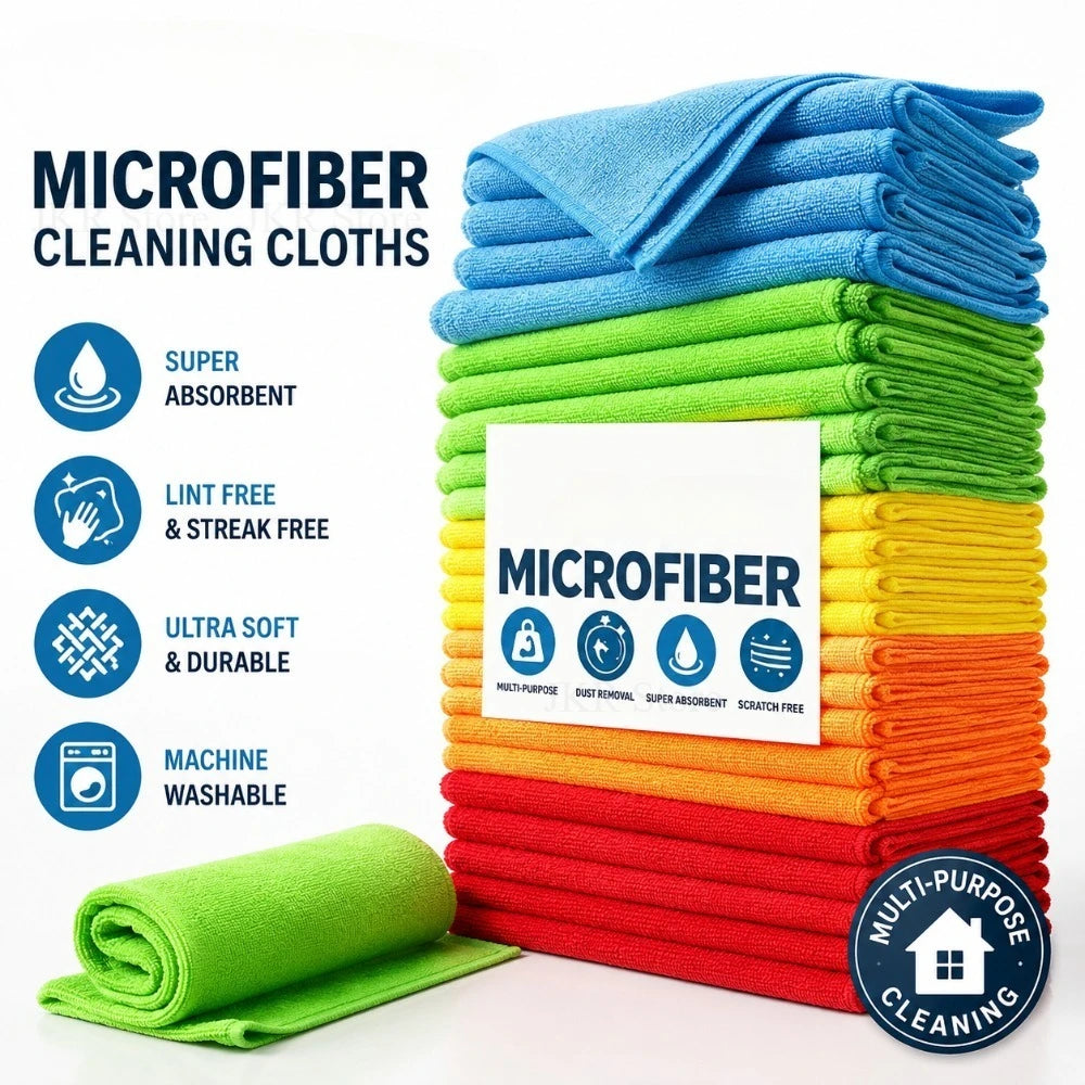 A stack of blue, green, and yellow microfiber cleaning cloths with a single green cloth in the foreground.