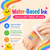 A hand applies water-based ink to skin, demonstrating that the ink gets on skin but wipes off easily.