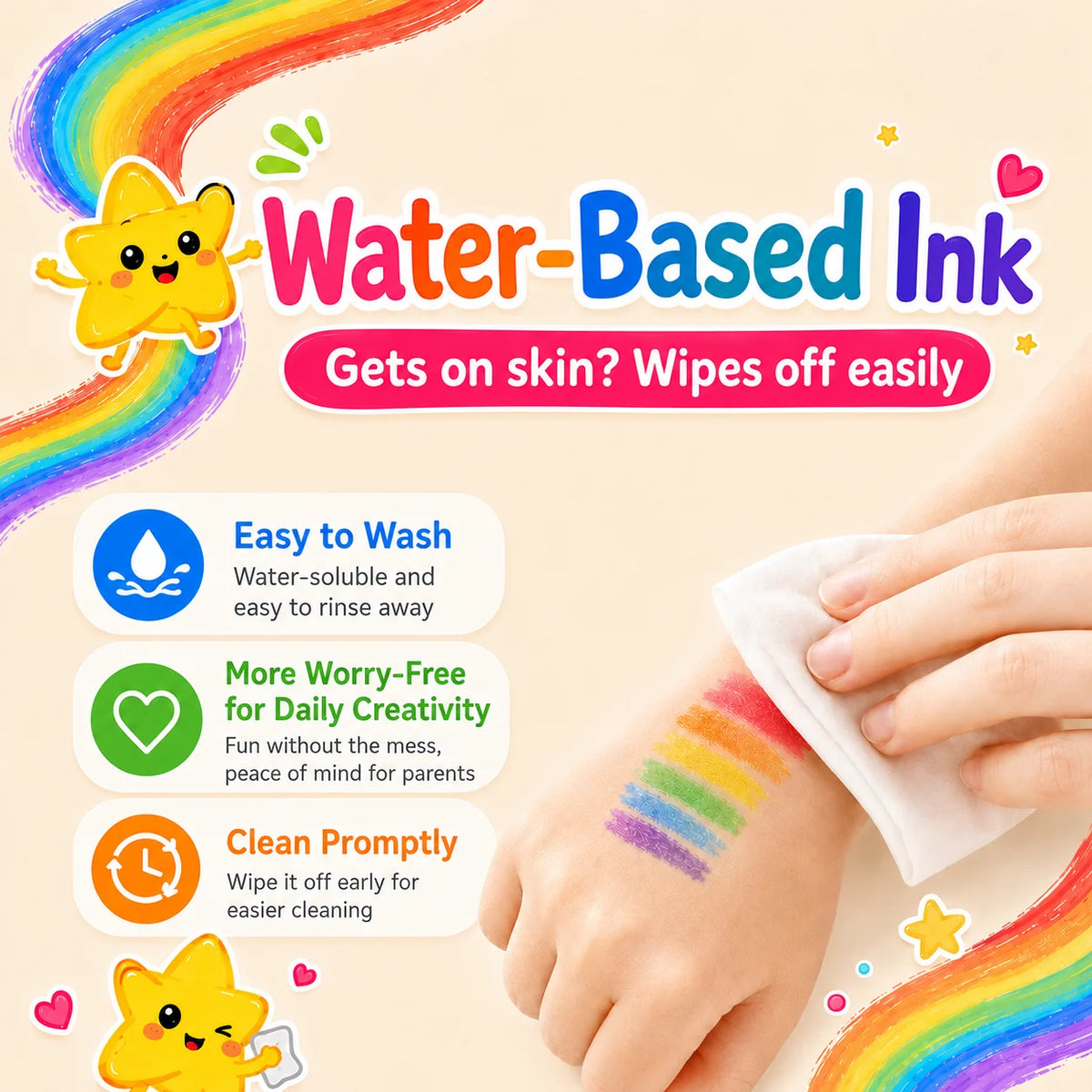 A hand applies water-based ink to skin, demonstrating that the ink gets on skin but wipes off easily.