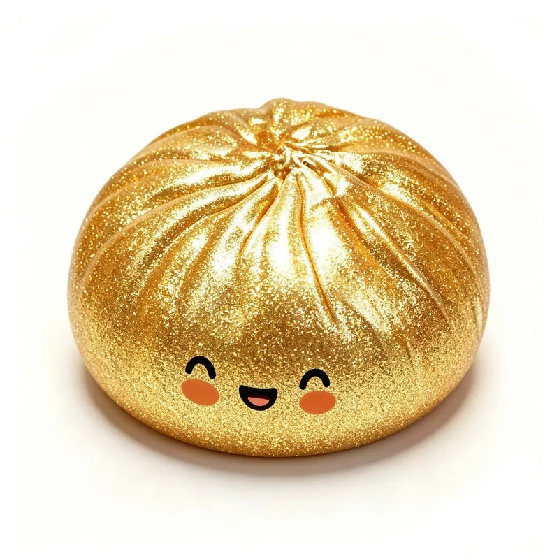 A round, golden glittery squishy dumpling fidget toy with cute smiling eyes.