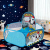 A blue foldable pop-up play tent featuring space themes like stars planets and a rocket for children.