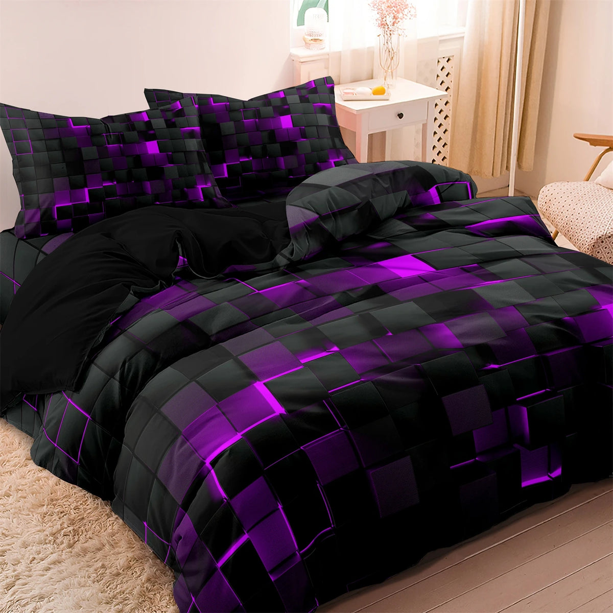Geometric Grid Print Duvet Cover Set with Pillowcases