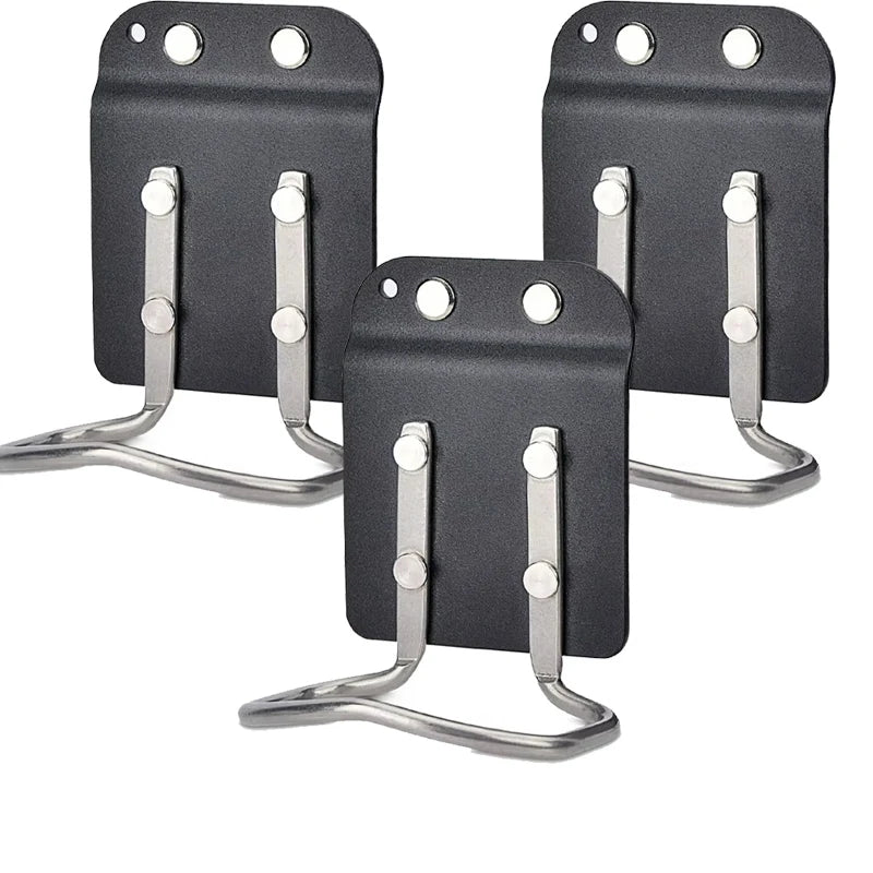 A black clip-on tool belt holster designed to hold drills and power tools.