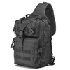 A black Crossbody Chest Bag with multiple zipper compartments and a MOLLE system.