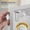 A hand is shown operating an invisible built strong magnetic mushroom head drawer lock on a cabinet.