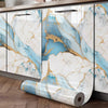 Roll of self-adhesive marble contact paper featuring white and blue marbled patterns for kitchen and bathroom surfaces