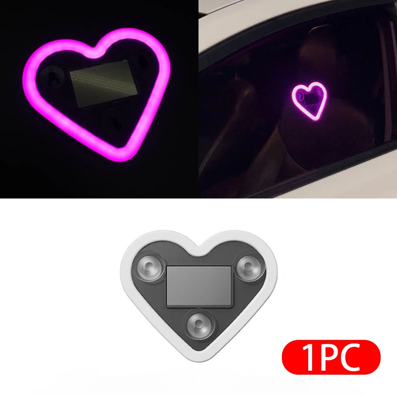A heart-shaped LED light fixture with a solar panel, shown in various contexts.