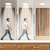 Three views of an LED motion sensor ceiling light fixture mounted on a door, showing night sensing, day sensing, and always o