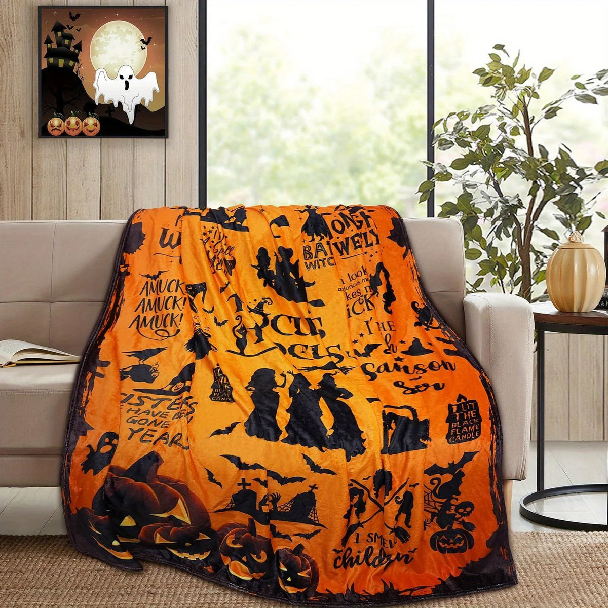Spooky Halloween Flannel Throw Blanket with Witch Silhouette Design