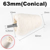 A white conical cotton buffing wheel with a metal shank shown in various dimensions.