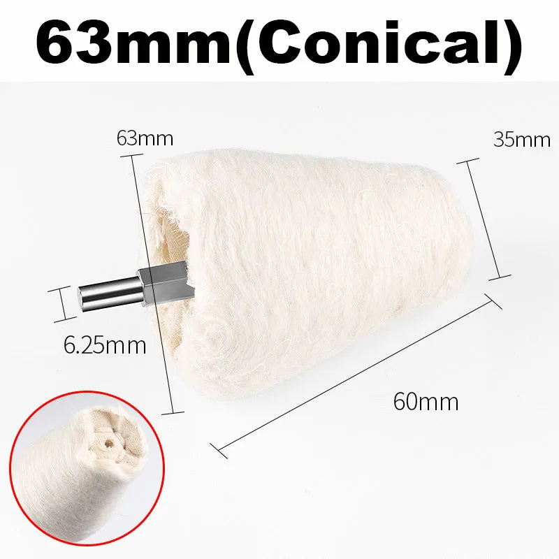 A white conical cotton buffing wheel with a metal shank shown in various dimensions.
