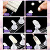 A six-step process demonstrating how to use reusable nail glue clay for shelf fixing.