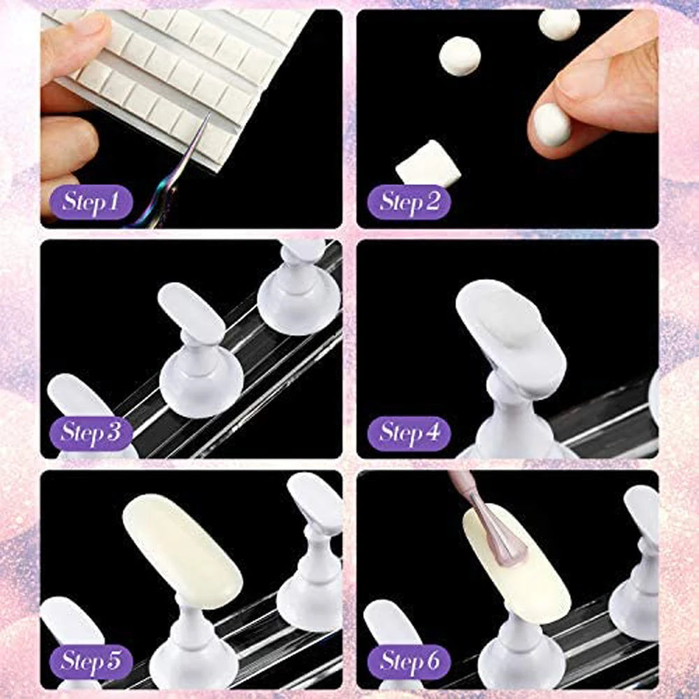 A six-step process demonstrating how to use reusable nail glue clay for shelf fixing.