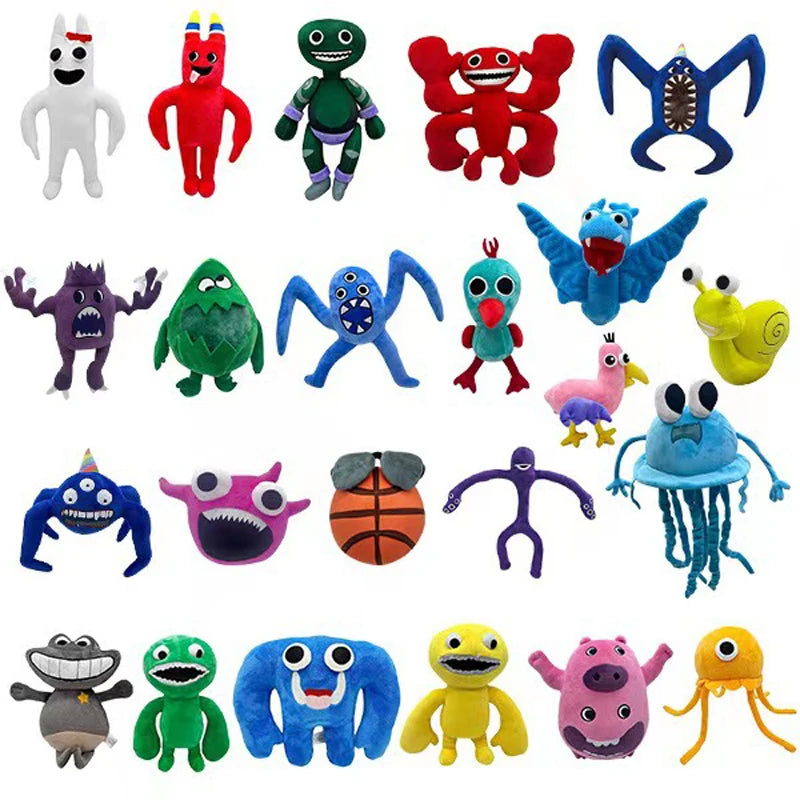 A collection of various plush toys and figurines including a white bear, red bird, green monster, blue creature, and several 