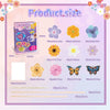 Product size chart showing various sizes of fabric poking art kits including flowers and butterflies