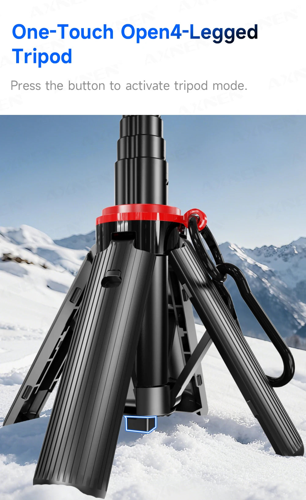 A black tripod with a red grip and a blue light is set up in the snow, ready for smartphone vlogging.