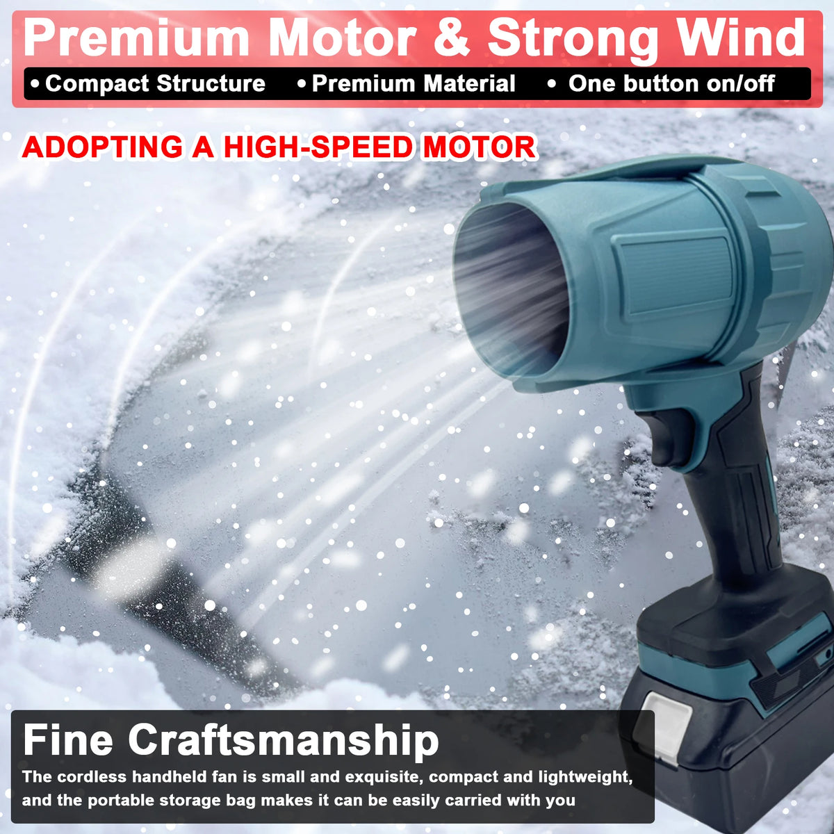 A teal handheld fan is shown emitting a strong stream of air in a snowy outdoor setting.