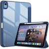 A blue slim tri-fold stand case for an iPad with a pencil holder shown next to the device.