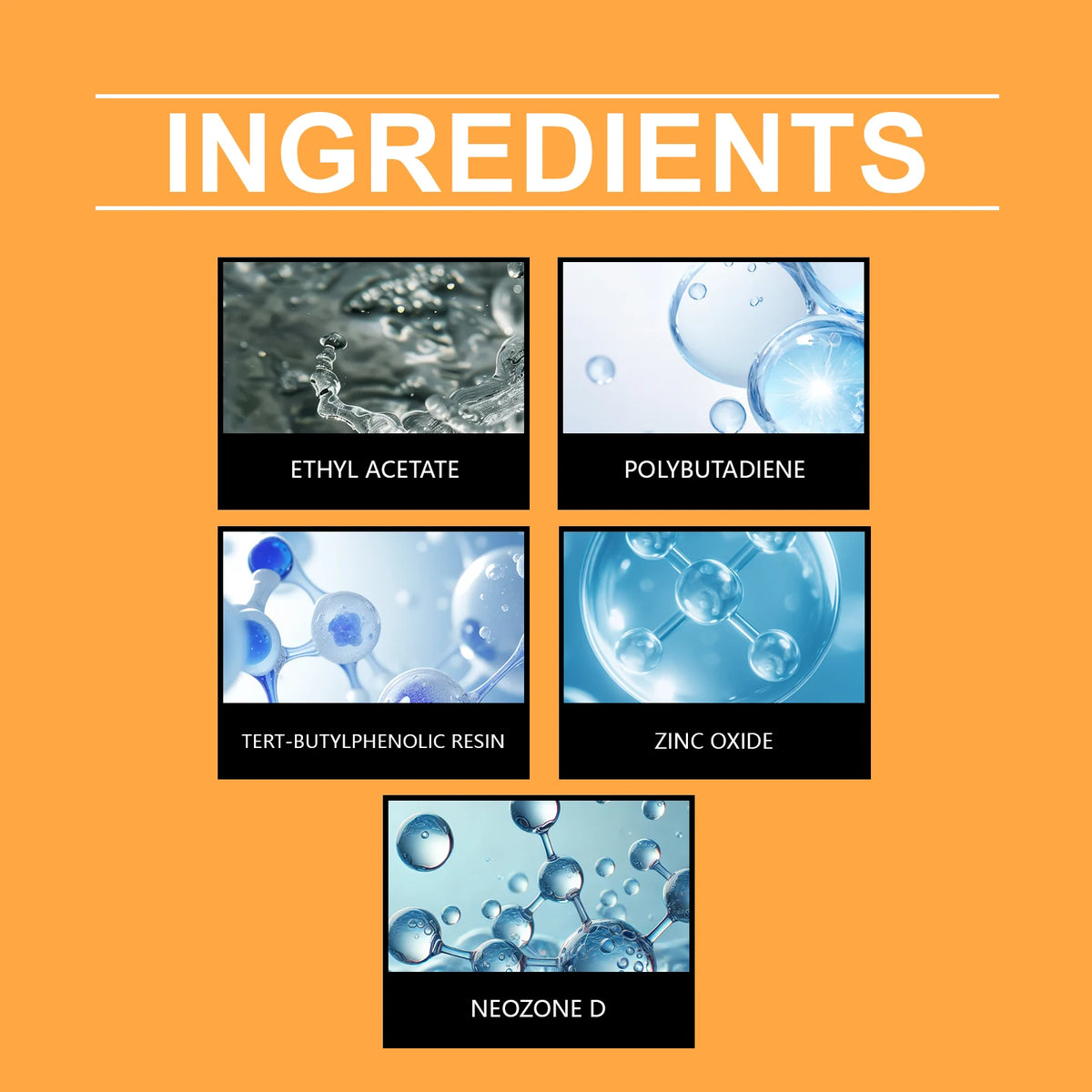 Ingredients list showing Ethyl Acetate, Polybutadiene, Tert-Butylphenolic Resin, Zinc Oxide, and Neozone D.