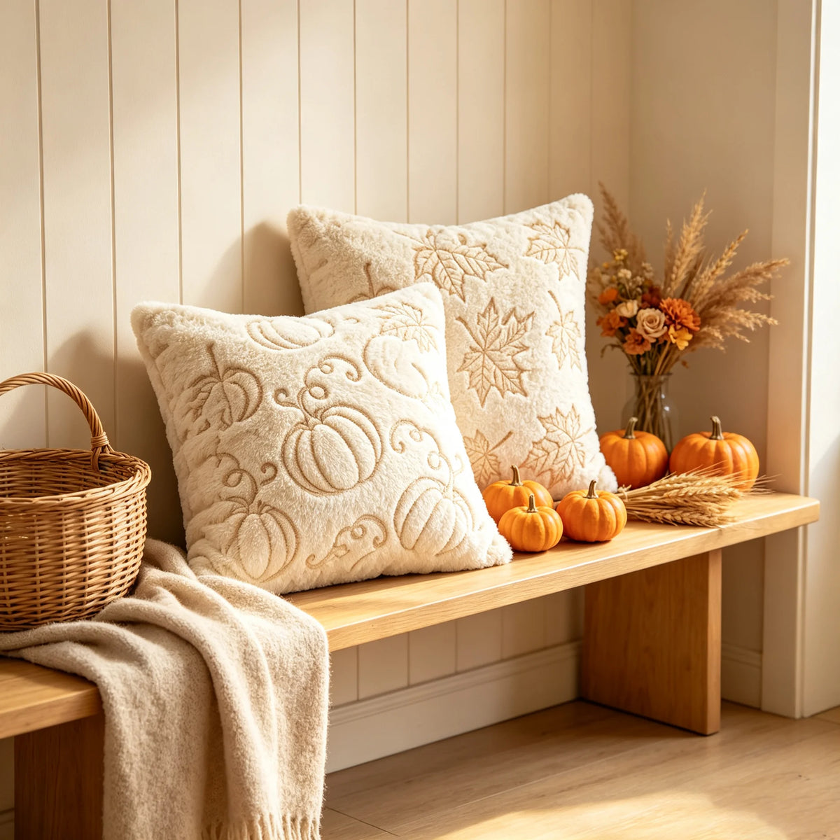 A beige plush throw pillow cover with an embossed maple leaf design rests on a wooden shelf next to decorative pumpkins and d