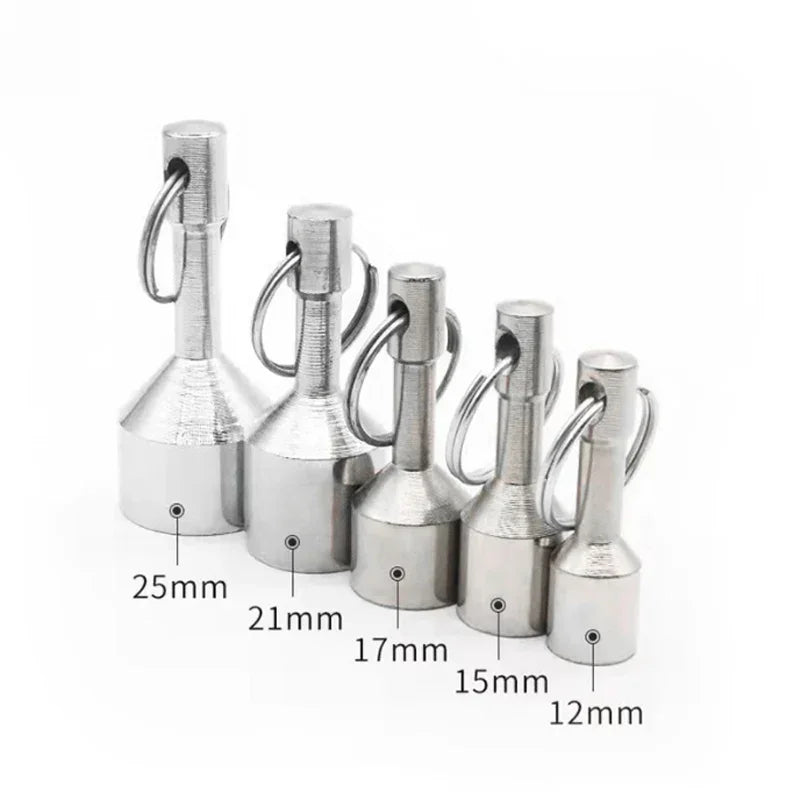 A set of silver neodymium magnet keychains with detachable clasps shown in various sizes.