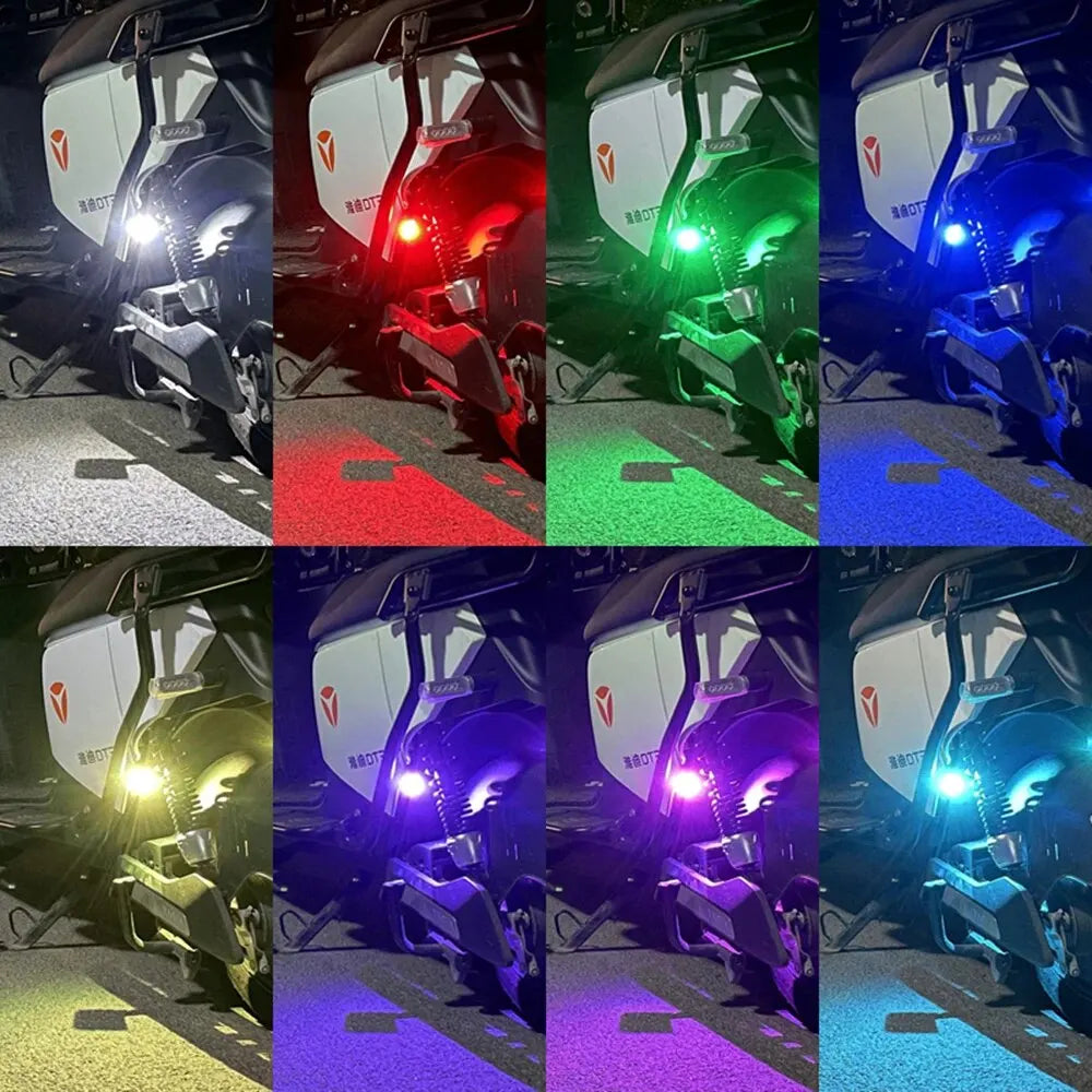 A series of images showing a wireless 8-color strobe light system mounted on a motorcycle, demonstrating various colors and l