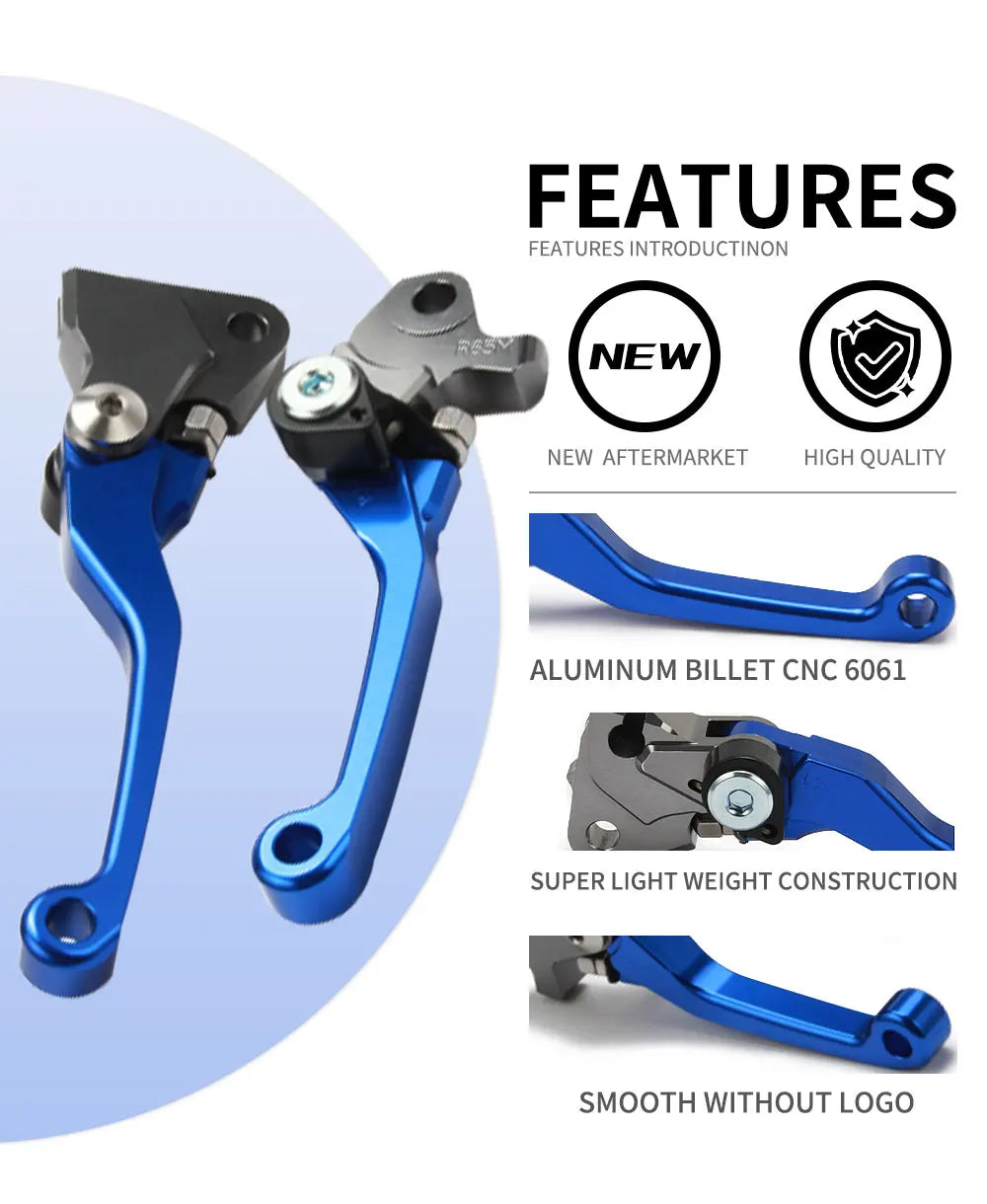 A set of blue and black CNC aluminum brake and clutch levers for dirt bikes, featuring high quality and a smooth finish.