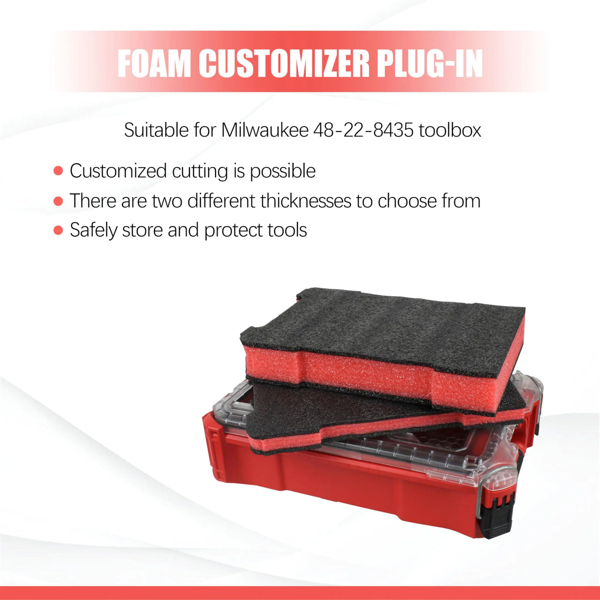 A red foam customizer plug-in insert for a Milwaukee tool box, showing two different thicknesses.