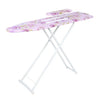 A pink floral ironing board with a white frame and adjustable handles.